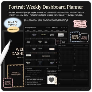 Undatierter Wochen-Dashboard-Digitalplaner für Goodnotes, Portrait-Dunkelmodus, minimale monatliche wöchentliche tägliche Journalvorlagen, 'Build As You Go'