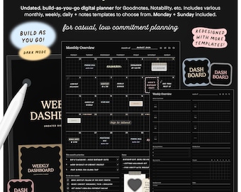 Agenda numérique non daté avec tableau de bord hebdomadaire pour Goodnotes, mode portrait sombre, modèles de journaux quotidiens hebdomadaires mensuels minimaux, création au fur et à mesure