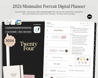 Agenda numérique minimaliste 2024 pour iPad pour GoodNotes, mode portrait, modèles hebdomadaires mensuels et quotidiens, autocollants, intégration de calendrier/rappels