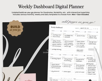 Agenda numérique non daté avec tableau de bord hebdomadaire pour Goodnotes, mode portrait, modèles mensuels hebdomadaires et quotidiens, création au fur et à mesure