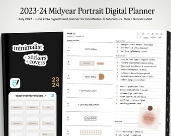 Agenda numérique iPad 2023-24 pour GoodNotes, agenda minimaliste, mode portrait, modèles quotidiens mensuels, hebdomadaires, stickers