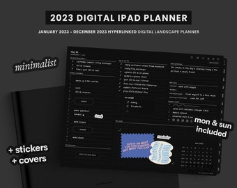 2023 Digital iPad Planner for GoodNotes, Minimalist Planner, Landscape Mode, Monthly Weekly Daily Templates, Stickers, Black Tabs