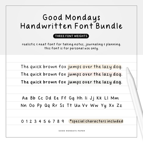 Neat Handwritten Font Bundle by Good Mondays Paper, Light Regular Bold Weights, Realistic Cute Handwriting Font for Digital Planner & Notes