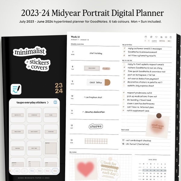 2023-24 Midyear Digital iPad Planner for GoodNotes, Minimalist Planner, Portrait Mode, Monthly Weekly Daily Templates, Stickers