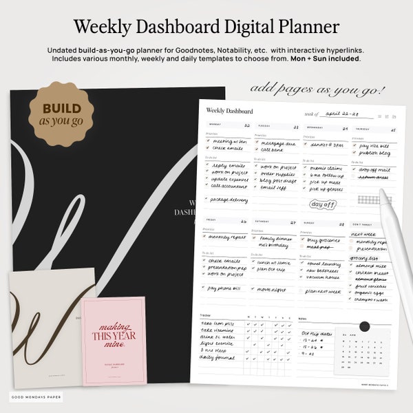 Ongedateerde wekelijkse dashboard digitale planner voor Goodnotes, portretmodus, maandelijkse wekelijkse dagelijkse sjablonen, bouwen terwijl u werkt