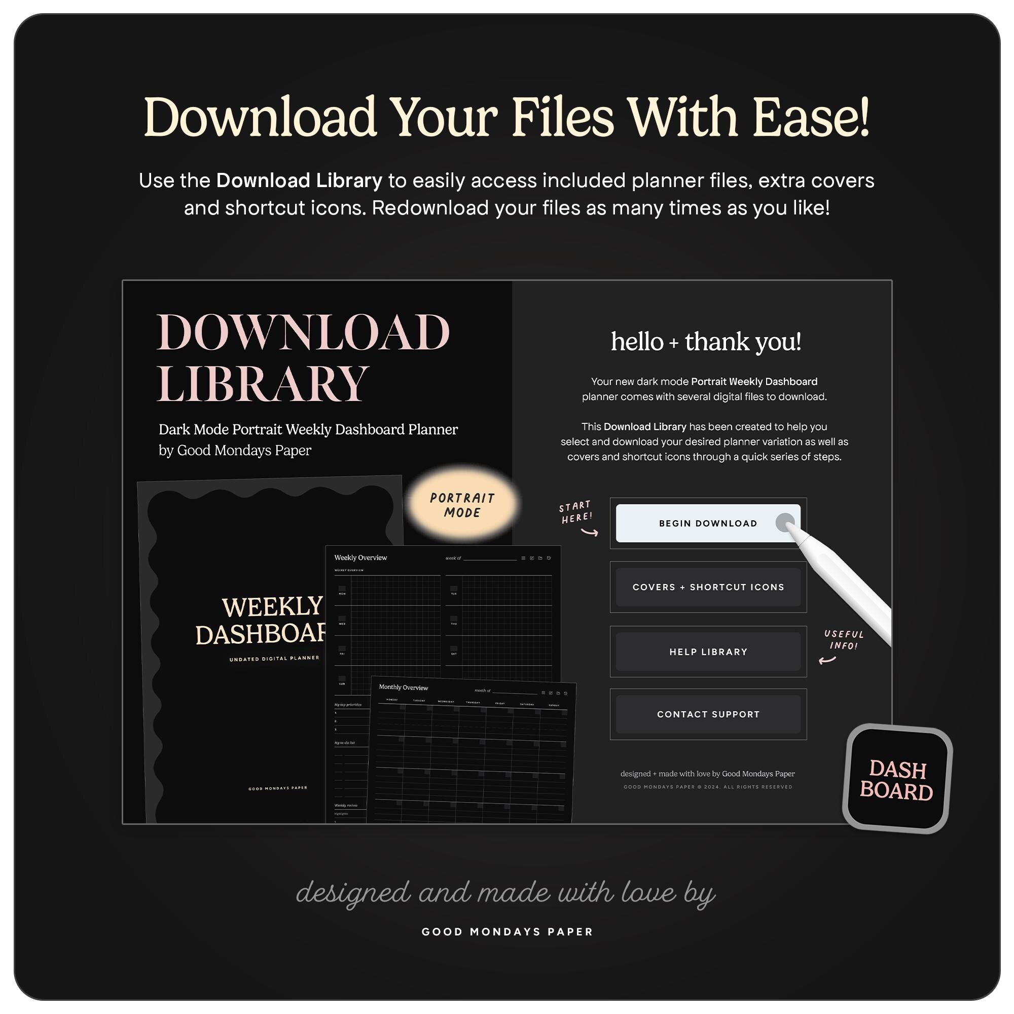 Undated Weekly Dashboard Digital Planner for Goodnotes, Portrait Dark ...