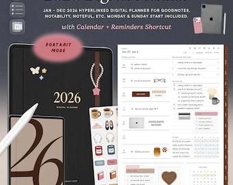 Agenda numérique portrait 2026 pour Goodnotes, raccourci calendrier/rappels, autocollants et couvertures en prime