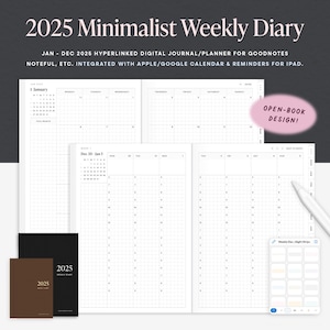 Diario/diario settimanale minimalista 2025 per Goodnotes, modelli settimanali mensili digitali, copertine/adesivi extra, integrazione calendario/promemoria