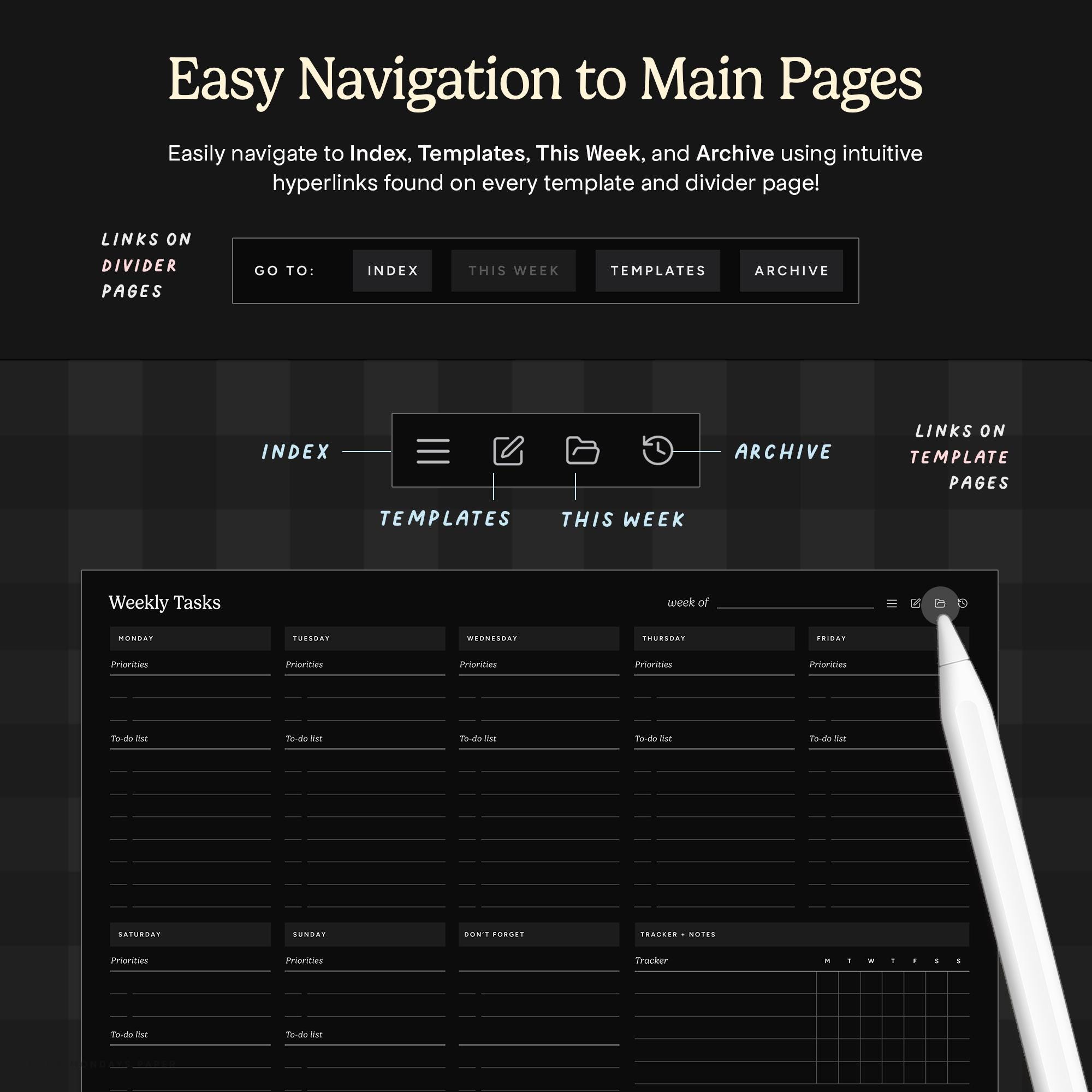 Undated Weekly Dashboard Digital Planner for Goodnotes, Landscape Dark ...