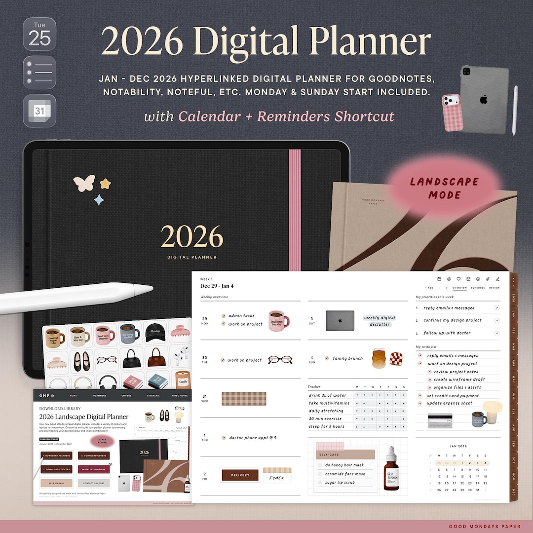 2026 Landscape Digital Planner for Goodnotes, Calendar/reminders ...