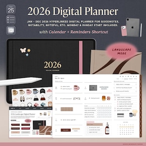 2026 Landscape Digital Planner for Goodnotes, Calendar/Reminders Shortcut, Bonus Stickers & Covers