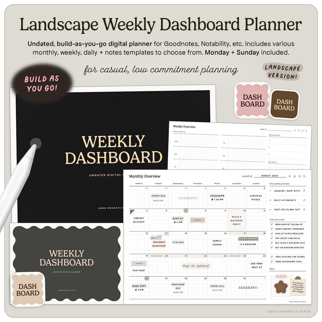 Undated Weekly Dashboard Digital Planner for Goodnotes, Landscape Mode Undated Weekly Dashboard Digital Planner for Goodnotes, Landscape Mode