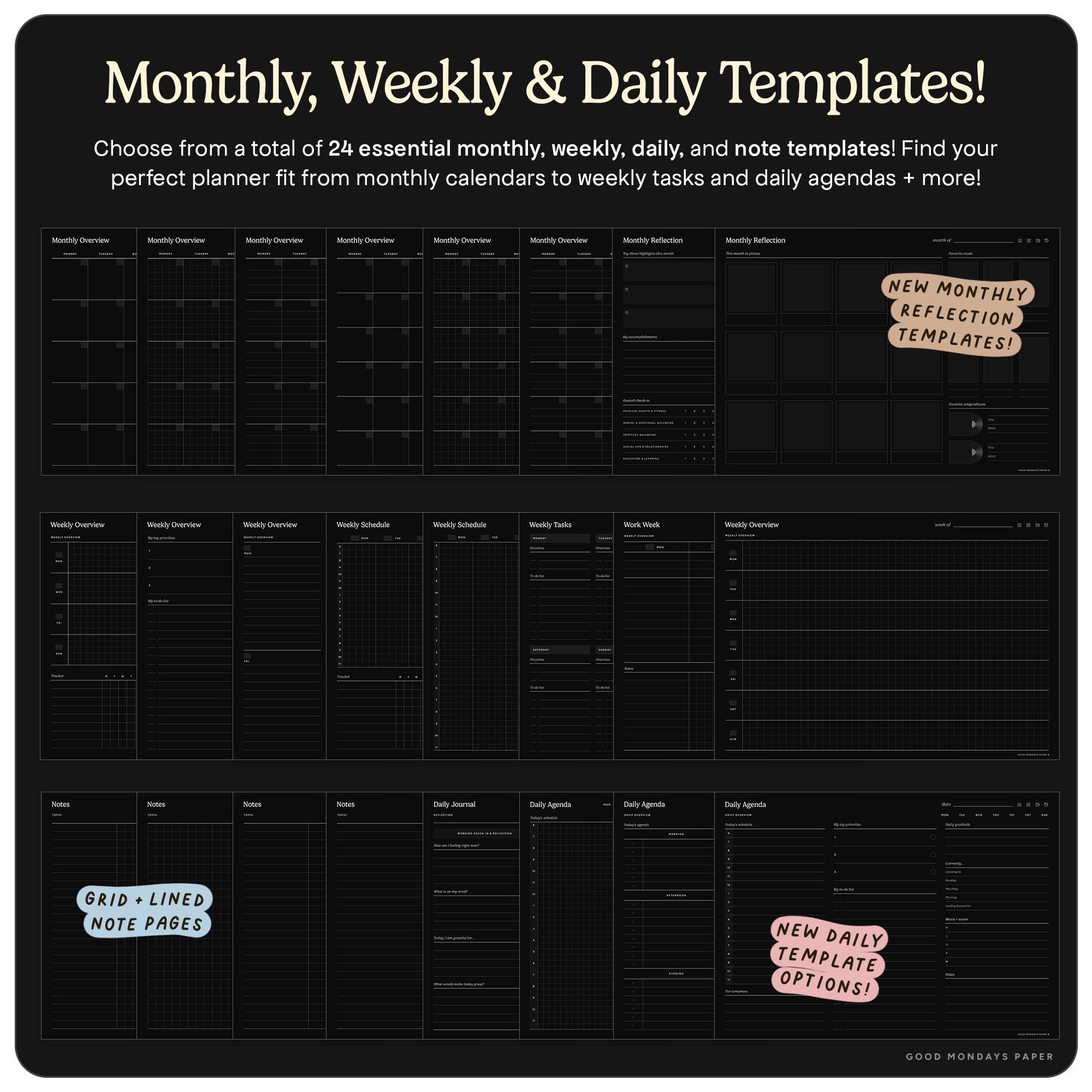 Undated Weekly Dashboard Digital Planner for Goodnotes, Landscape Dark ...