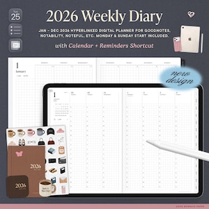 2026 Digital Weekly Diary for Goodnotes, Calendar/Reminders Shortcut, Bonus Stickers & Covers