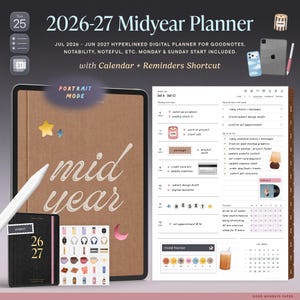 2026-27 Portrait Midyear Digital Planner for Goodnotes, Monthly Weekly Daily, Charms, Bonus Stickers/ Covers, Calendar/Reminders Shortcut