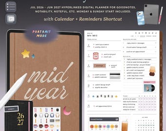 Agenda numérique portrait de milieu d'année 2026-2027 pour Goodnotes, mensuel hebdomadaire, quotidien, breloques, autocollants/couvertures bonus, raccourci calendrier/rappels