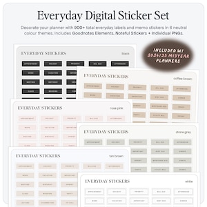 Everyday Digital Stickers for Digital Planners/Journals, Minimalist Labels, Stickies in 6 Colours, Goodnotes Elements, Individual PNGs
