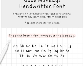 Neat Handwritten Font by Good Mondays Paper, Handwriting Font, Cute Handwriting, Neat Handwriting, Digital Planner Font, Digital Notes Font