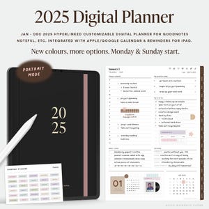 Planner digitale verticale 2025 per Goodnotes, modelli mensili settimanali giornalieri, adesivi e copertine bonus, integrazione calendario/promemoria