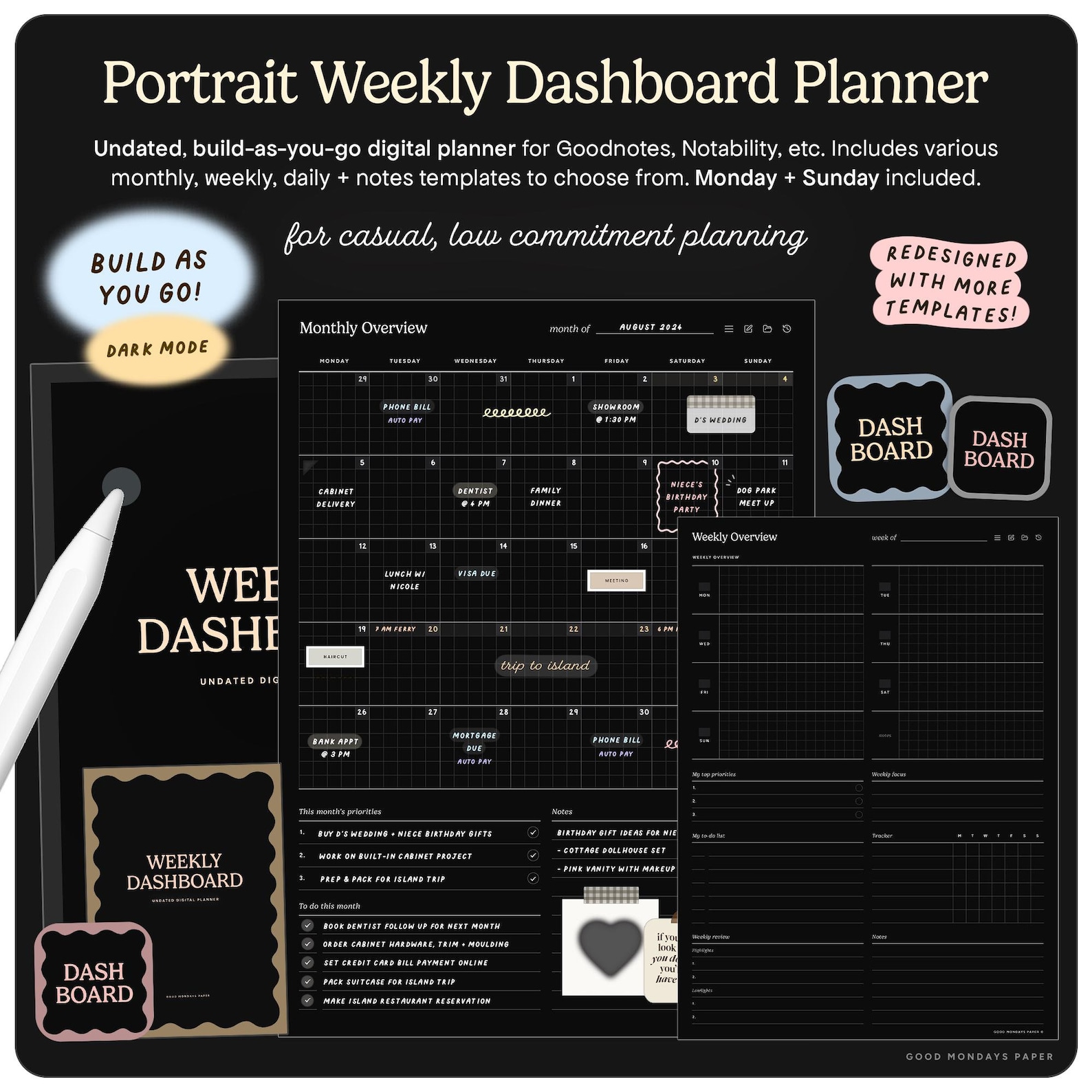 Undated Weekly Dashboard Digital Planner for Goodnotes, Portrait Dark ...