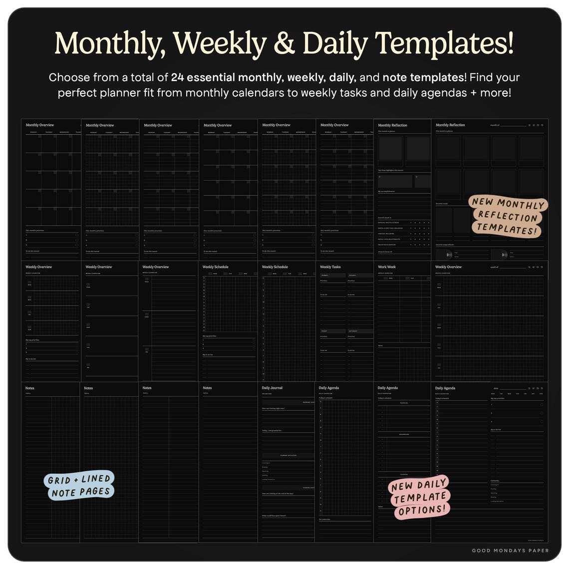 Undated Weekly Dashboard Digital Planner for Goodnotes, Portrait Dark ...