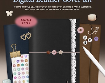 Kit numérique de couverture de journal en cuir pour Goodnotes, style à trois volets avec breloques et éléments décoratifs