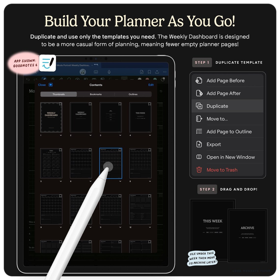 Undated Weekly Dashboard Digital Planner for Goodnotes, Portrait Dark ...