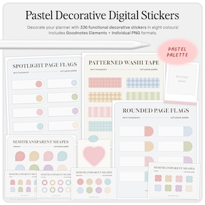May include: A set of pastel colored digital planner stickers featuring page flags, washi tape, and various shapes. The stickers are designed for use with digital note-taking apps like Goodnotes.
