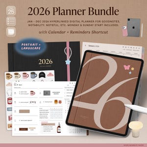 Digitale plannerbundel 2026 voor Goodnotes, snelkoppeling kalender/herinneringen, bonusstickers en omslagen