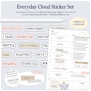 May include: Everyday Cloud Sticker Set with 320 labels in four colors. Includes Goodnotes Elements and individual PNG formats. Features labels for groceries, reminders, and more. The text "Comes in 4 Colors" is visible.