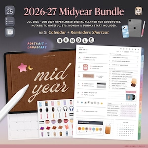 May include: A 2026-27 digital planner bundle for GoodNotes and Notability featuring a brown cover with the text mid year, a weekly layout page with a mood tracker, a sheet of colorful icons, a stylus, and a calendar with reminders shortcut.