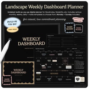 Puede incluir: Un planificador digital con fondo negro, que presenta un panel semanal y una vista mensual. El planificador incluye plantillas sin fecha para Goodnotes y Notability, con opciones para notas diarias. El texto incluye "Landscape Weekly Dashboard Planner".