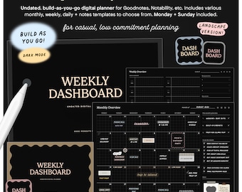 Agenda numérique non daté avec tableau de bord hebdomadaire pour Goodnotes, mode paysage sombre, modèles de journaux quotidiens hebdomadaires mensuels minimaux, construction au fur et à mesure