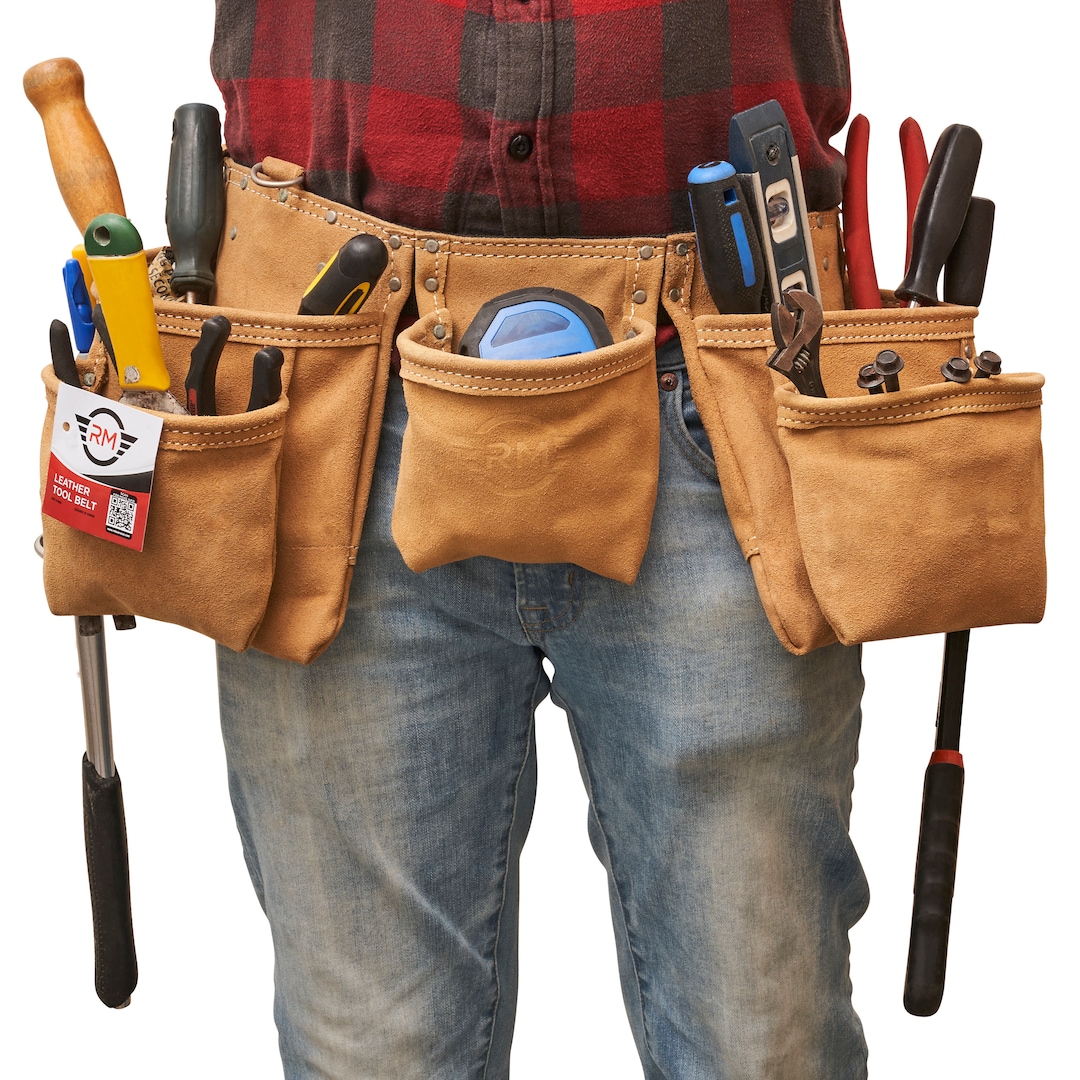 RM 12 Pocket Leather Tool Belt With 2 Hammer Holders, Professional Carpenter Work Apron