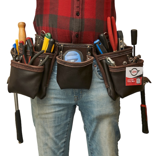 RM 12 Pocket Leather Tool Belt, Genuine Top Grain Heavy Duty Belt, Carpenter Work Apron, Construction Tool Rig/Pouch/Bag,