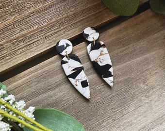 Dagger Black, White, and Gold • Polymer Clay Earrings • Handmade Polymer Clay Earrings • Dagger Black, White, and Gold Dangle Earrings