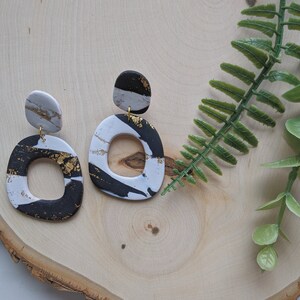 Marbled Black, White, and Gold • Polymer Clay Earrings • Handmade Polymer Clay Earrings • Marbled Black, White, and Gold Dangle Earrings