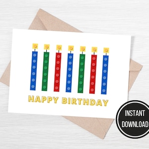 Cartão de feliz aniversário de bloco de construção, cartão de vela de aniversário
