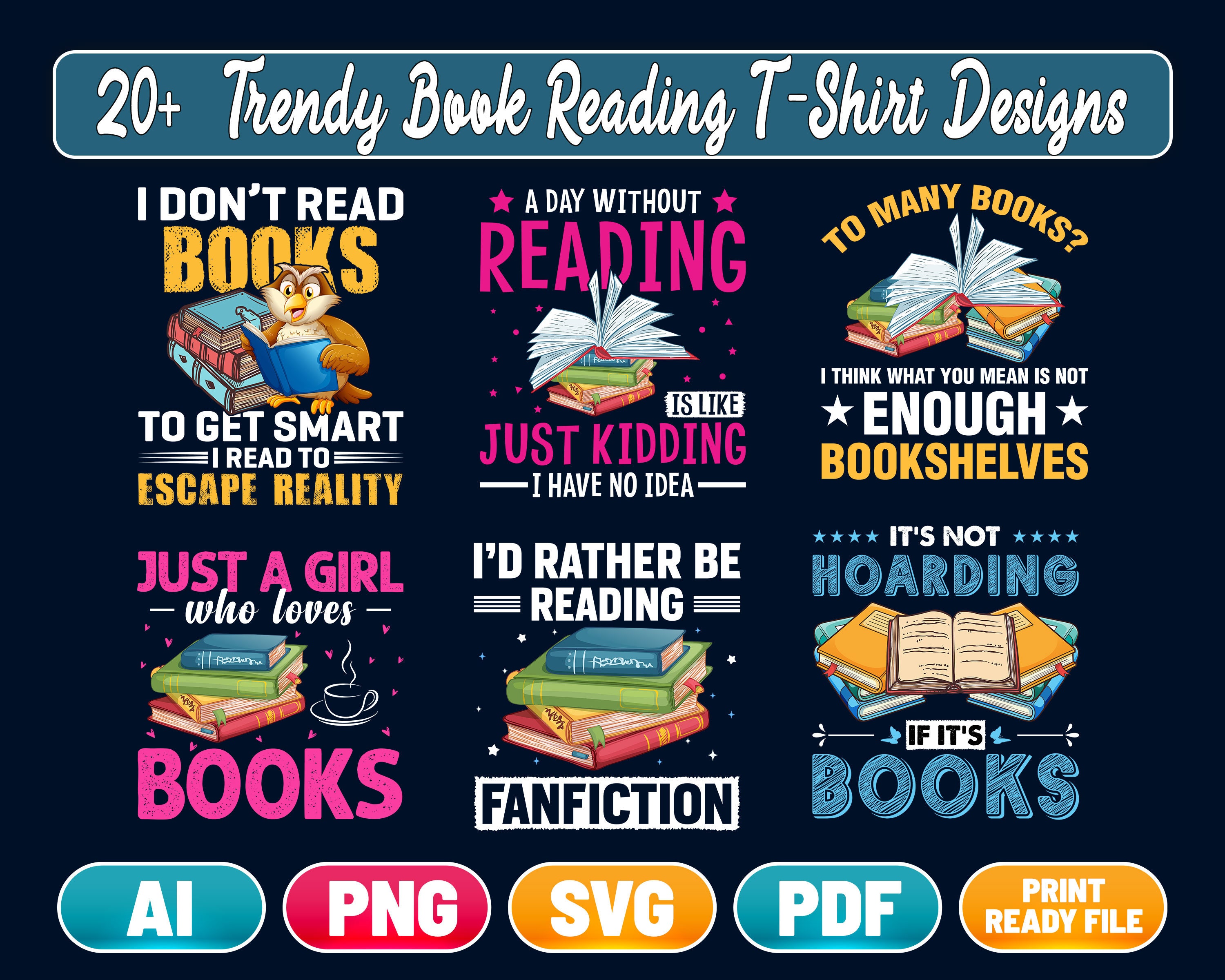 20 Trendy Book Reading Tshirt Design Bundle Reading Reader Etsy