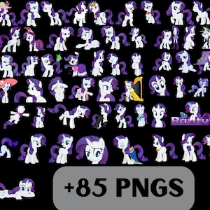 May include: A collection of 85 digital images featuring Rarity, a purple-haired unicorn pony from the My Little Pony: Friendship is Magic television series. Rarity is shown in various poses and expressions, including smiling, winking, and holding a sewing needle.