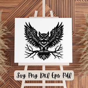 Art mural élégant majestueux hibou, design esthétique gothique sombre, oeuvre unique inspirée d'un arbre pour le salon et la chambre à coucher, amateurs de chouette, png, svg