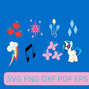 Peut inclure: Un ensemble de neuf icônes de personnages de My Little Pony colorés, comprenant Rainbow Dash, Twilight Sparkle, Pinkie Pie, Fluttershy, Rarity, Applejack et Rarity. Les icônes sont aux formats SVG, PNG, DXF, PDF et EPS.