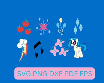 May include: A set of nine colorful My Little Pony character icons, including Rainbow Dash, Twilight Sparkle, Pinkie Pie, Fluttershy, Rarity, Applejack, and  Rarity. The icons are in SVG, PNG, DXF, PDF, and EPS formats.