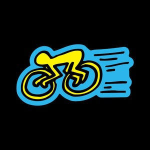 Puede incluir: Gráfico de un ciclista amarillo sobre fondo azul con contornos negros, sobre un fondo negro. El ciclista está representado en una pose dinámica, con líneas de velocidad que sugieren movimiento. El diseño es simple y audaz.