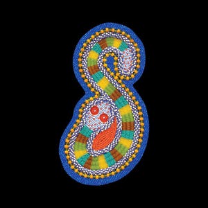 May include: A decorative patch featuring a coiled snake design crafted with multi-coloured glass beads. The snake displays segments of yellow, green, and brown, with a white head featuring red eyes, all set against a solid blue beaded background.