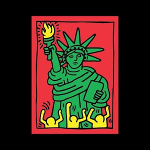 May include: A graphic print featuring a green Statue of Liberty holding a yellow torch and a tablet, set against a red background. Below the statue, three yellow figures with raised arms are depicted in a bold, black-outlined cartoon style.