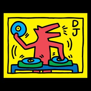May include: A pop art style illustration of a DJ. The red figure is positioned behind a blue and green DJ setup, holding a blue record. The word "DJ" is written in black. The background is yellow.