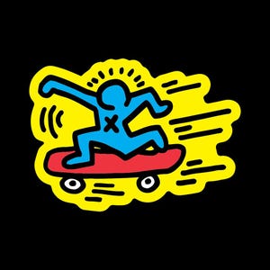 May include: A blue figure with an X on its chest is skateboarding on a red board. The figure is set against a yellow background with black lines indicating motion. The background is outlined in yellow against a black backdrop.