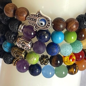 7 Chakra Lava Stone Bracelet, Hand of Fatima Evil Eye, Aromatherapy Diffuser
