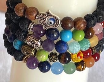 7 Chakra Lava Stone Bracelet, Hand of Fatima Evil Eye, Aromatherapy Diffuser
